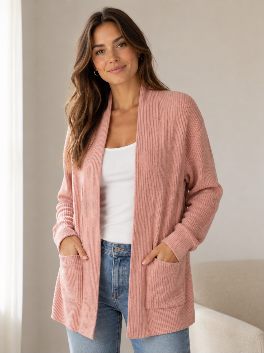 Freckled Poppy Pink Ribbed Open Front Cardigan Womens L 🌸